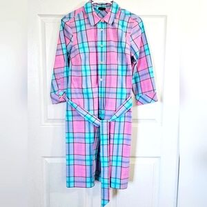 Talbots NWOT Fauna Plaid Belted Shirtdress Pink Purple Easter Spring‎ 4 Petite